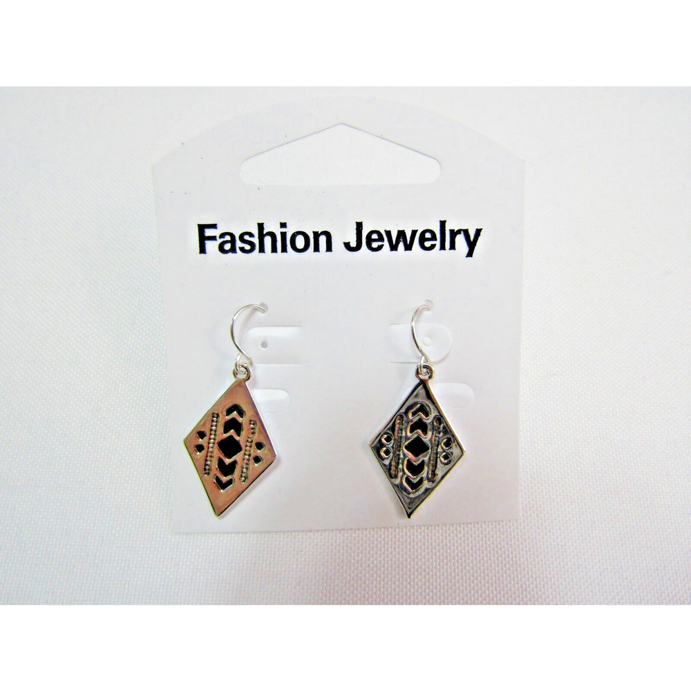 Silver Geometric Diamond Dangly Aztec Earrings Native American Hook